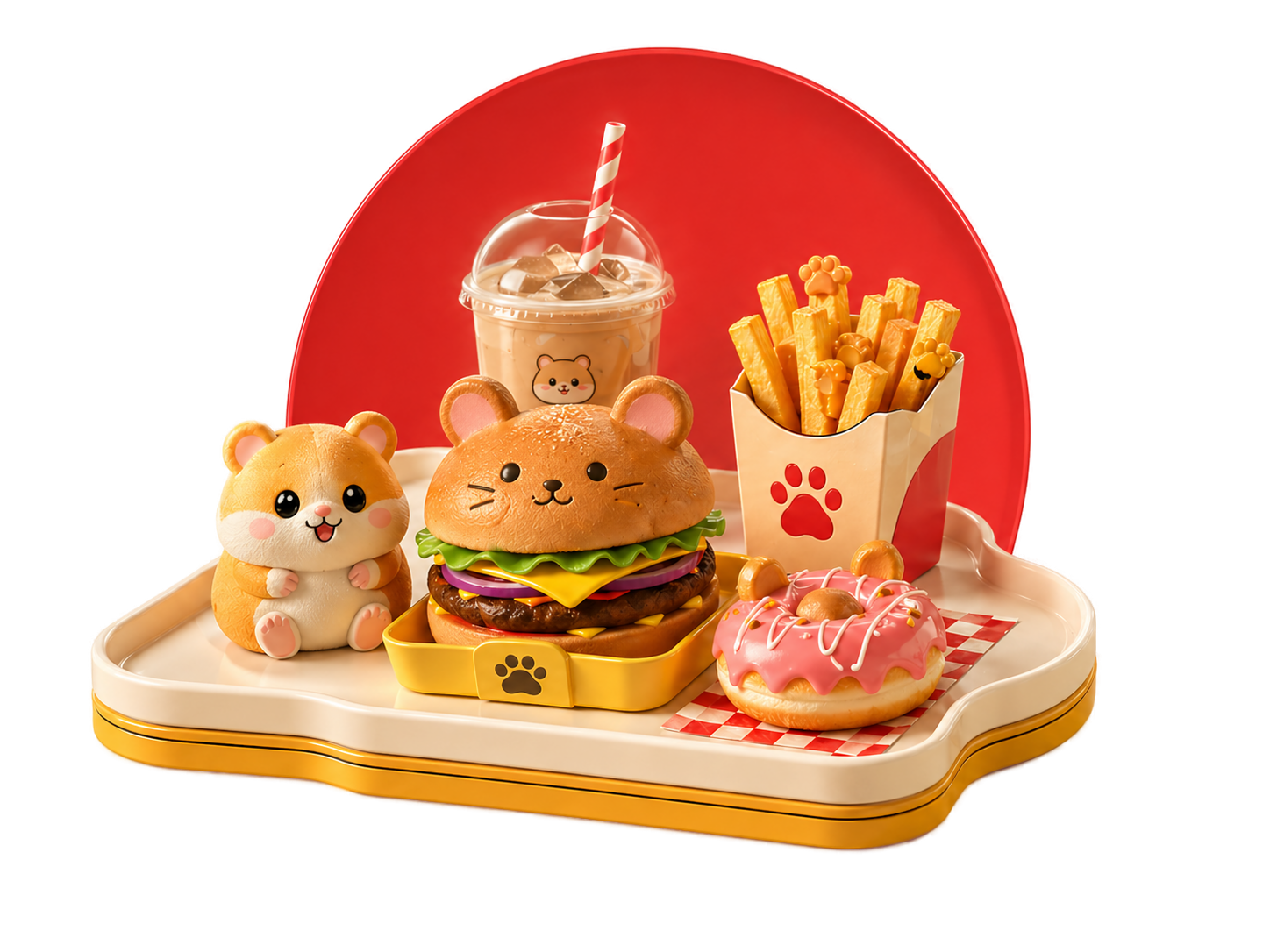 Cafe tray with iced drink, paw fries, hamster burger, hamster mascot and strawberry donut